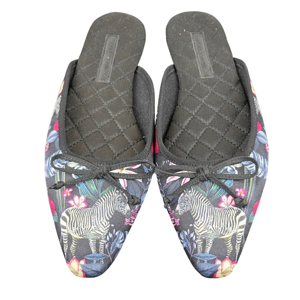 Banana Republic Zebra Floral Pointed Toe Mule Slippers Black Satin Quilted S 5-6